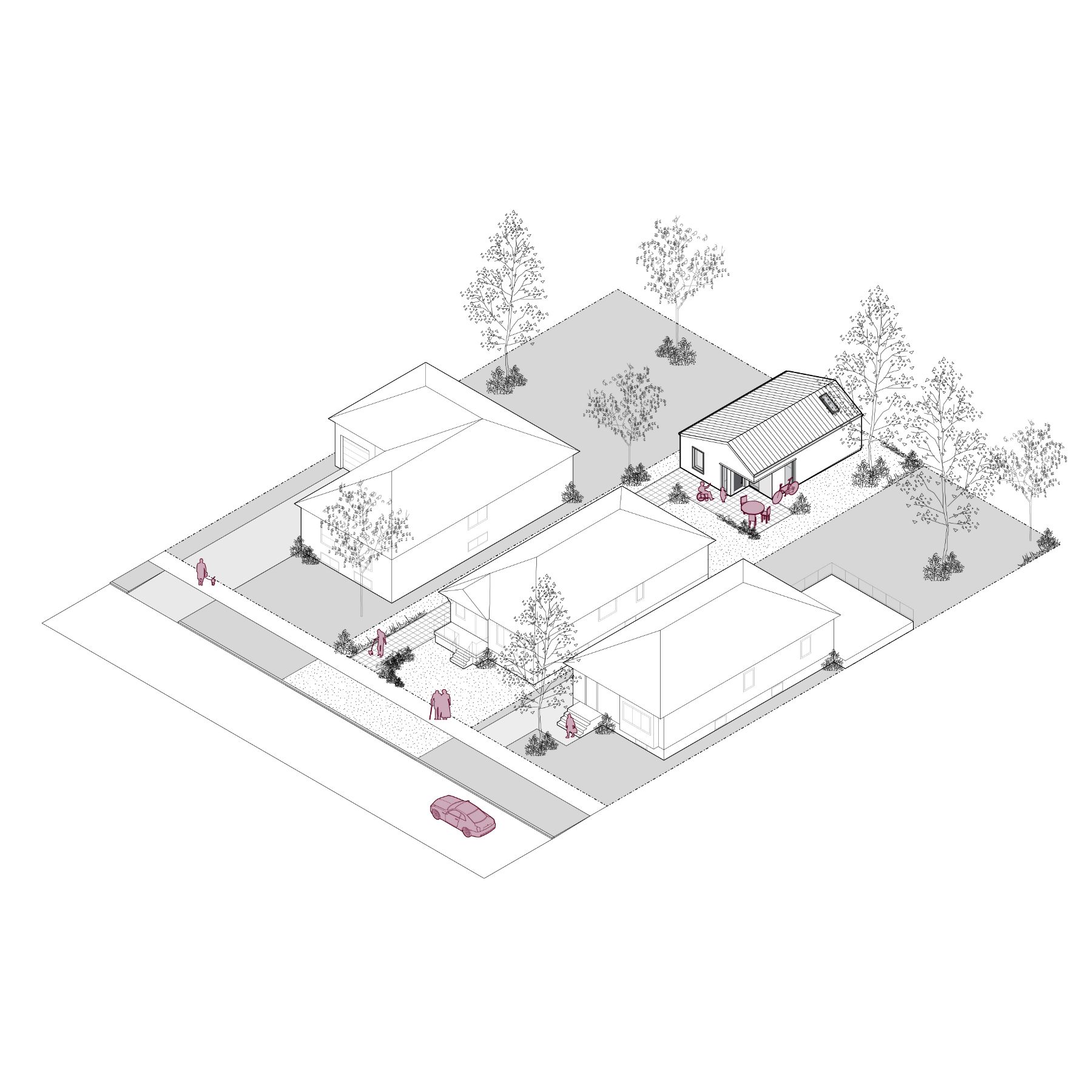 Rendu filaire 3D du logement accessoire 01, d’une superficie d’environ 600 pieds carrés. L’image montre l’intégration du logement dans un quartier typique.